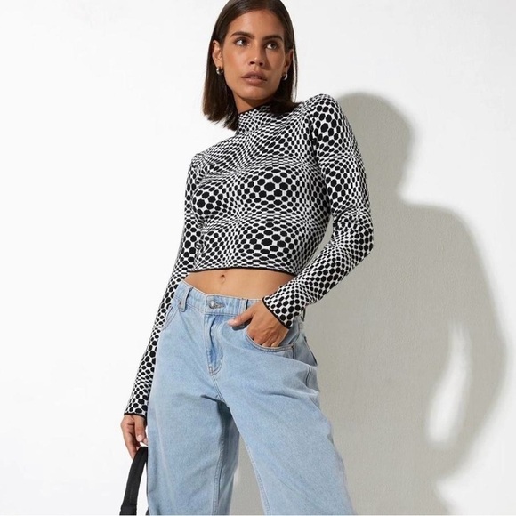 Motel Rocks Tops - Motel Laria Long  Sleeve Top In Optic Monochrome Square Black & White Size XS
